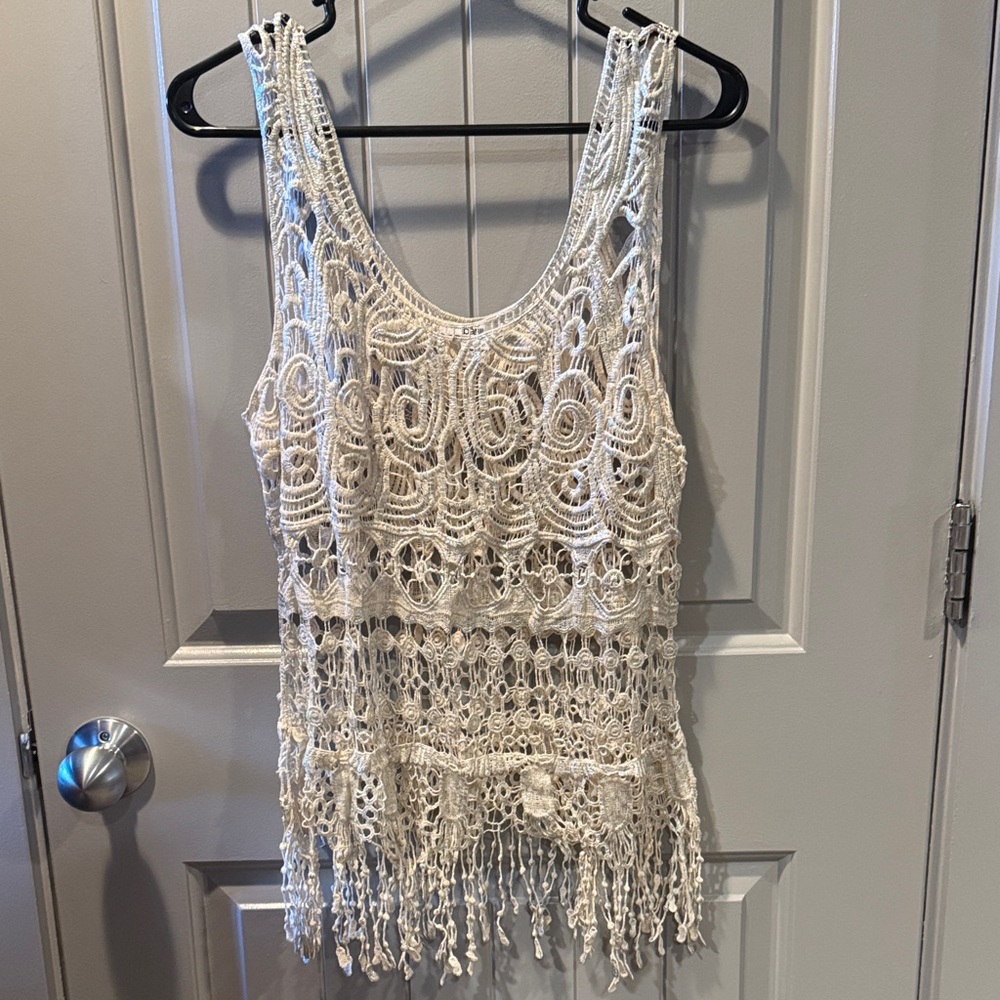 Bar III Cream Crochet Tank with Fringe